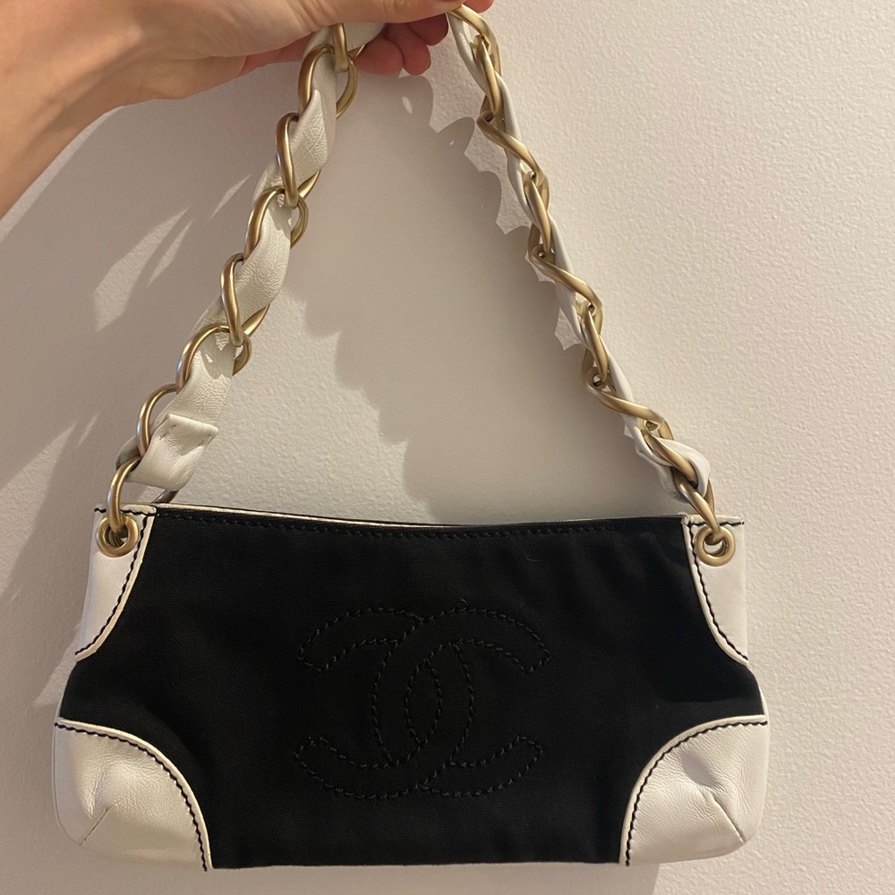 Authentic Chanel 2003/2004 Black & White Canvas & Leather chain Shoulder Bag